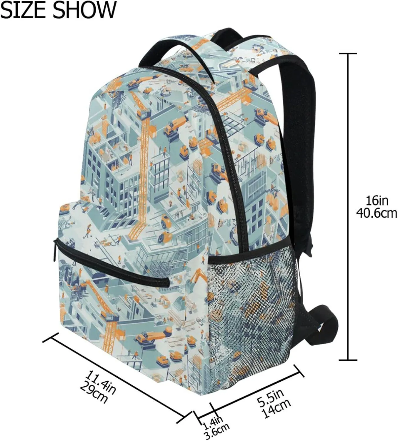 School Backpack for Women Men Waterproof Backpack with Chest Strap for Business Work College Travel Trip Construction Scene Build Tall Buildings Bulldozer