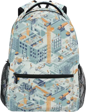 School Backpack for Women Men Waterproof Backpack with Chest Strap for Business Work College Travel Trip Construction Scene Build Tall Buildings Bulldozer