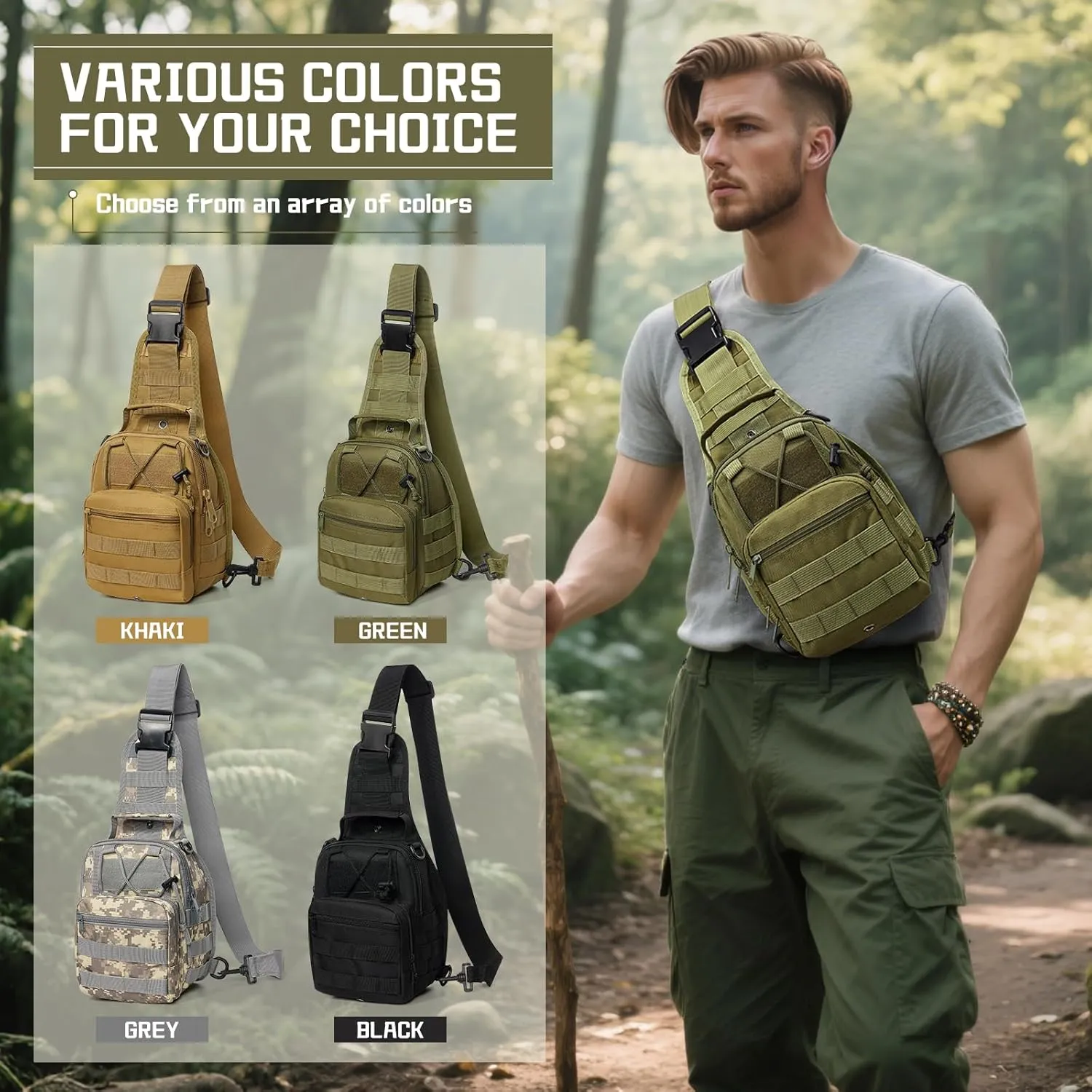 SEAFEW Tactical Backpack for Men, Waterproof Military Sport Bag Pack Crossbody Sling Backpack Tactical Bag for Every Day Carry, Green