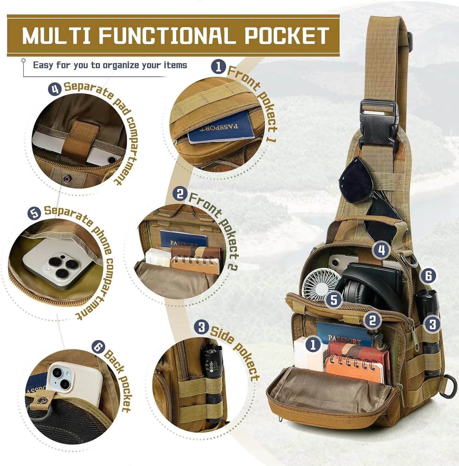 SEAFEW Tactical Chest Pack Backpack, Carry Shoulder Sling Bag for Men, Waterproof Military Cross-body Molle Backpack for Outdoor, Range, Travel, Hiking, Khaki