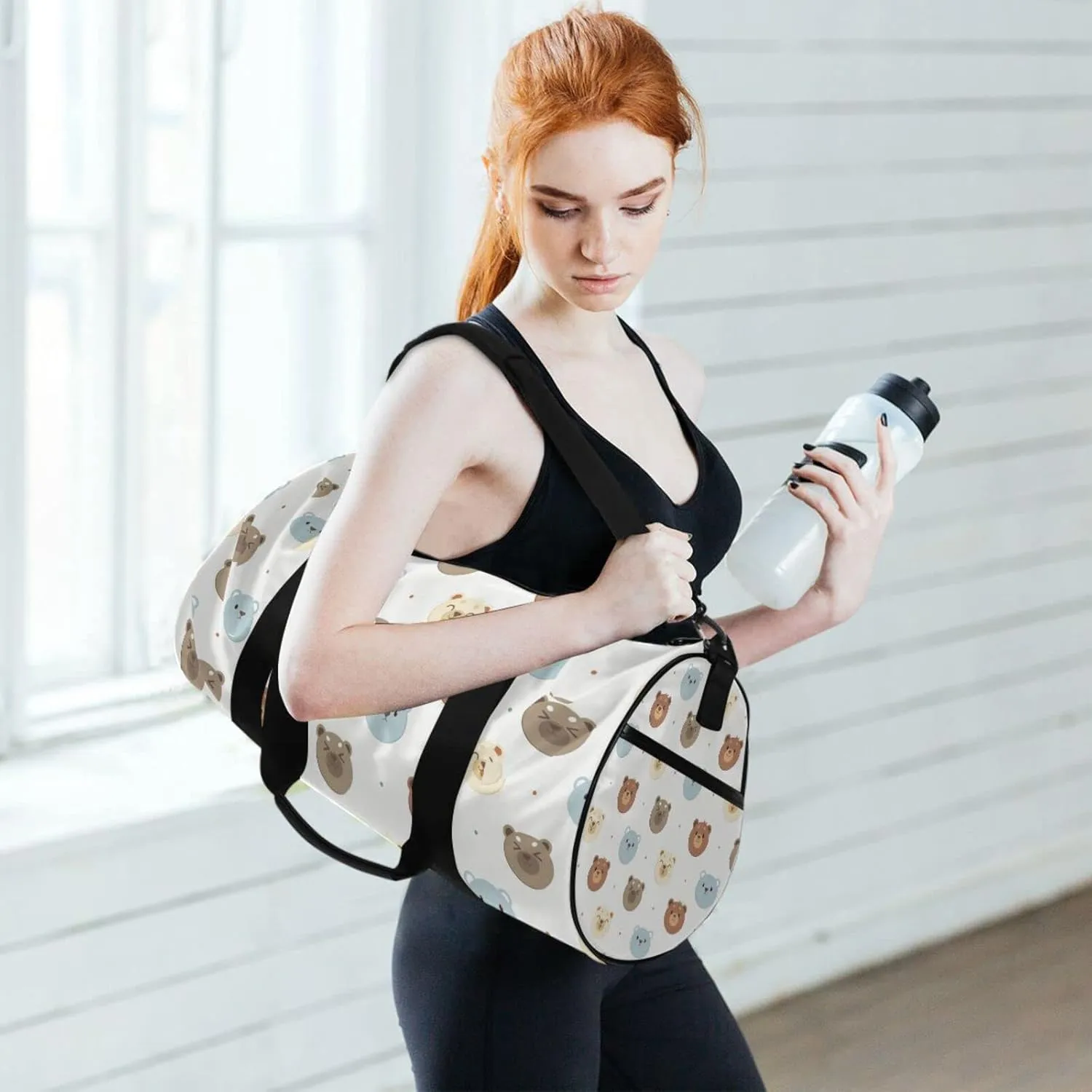 Seamless White, Blue and Brown Bear Heads with Polka Dots on White Duffel Bag, Foldable Canvas Travel Tote for Gym Sports with Inner Pockets, Durable Lightweight Fitness Bag for Overnight Workout