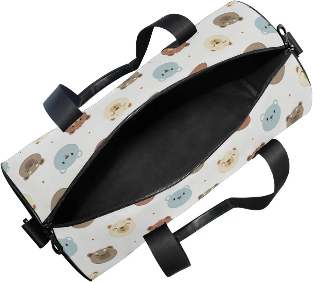 Seamless White, Blue and Brown Bear Heads with Polka Dots on White Duffel Bag, Foldable Canvas Travel Tote for Gym Sports with Inner Pockets, Durable Lightweight Fitness Bag for Overnight Workout