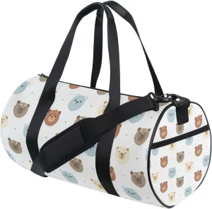 Seamless White, Blue and Brown Bear Heads with Polka Dots on White Duffel Bag, Foldable Canvas Travel Tote for Gym Sports with Inner Pockets, Durable Lightweight Fitness Bag for Overnight Workout