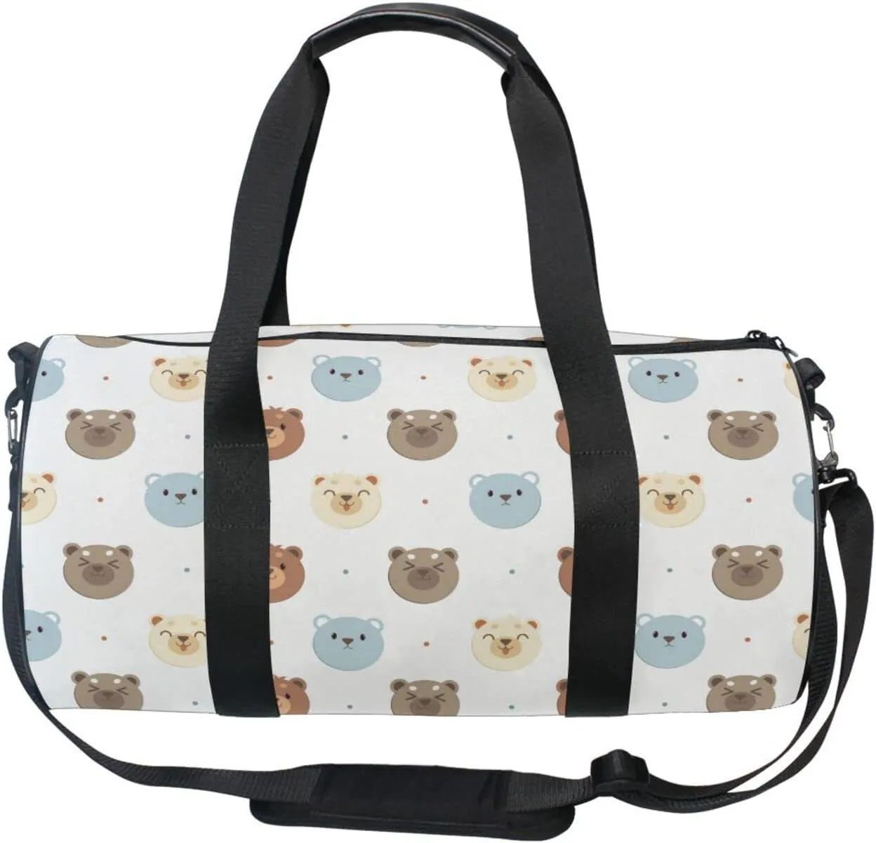 Seamless White, Blue and Brown Bear Heads with Polka Dots on White Duffel Bag, Foldable Canvas Travel Tote for Gym Sports with Inner Pockets, Durable Lightweight Fitness Bag for Overnight Workout