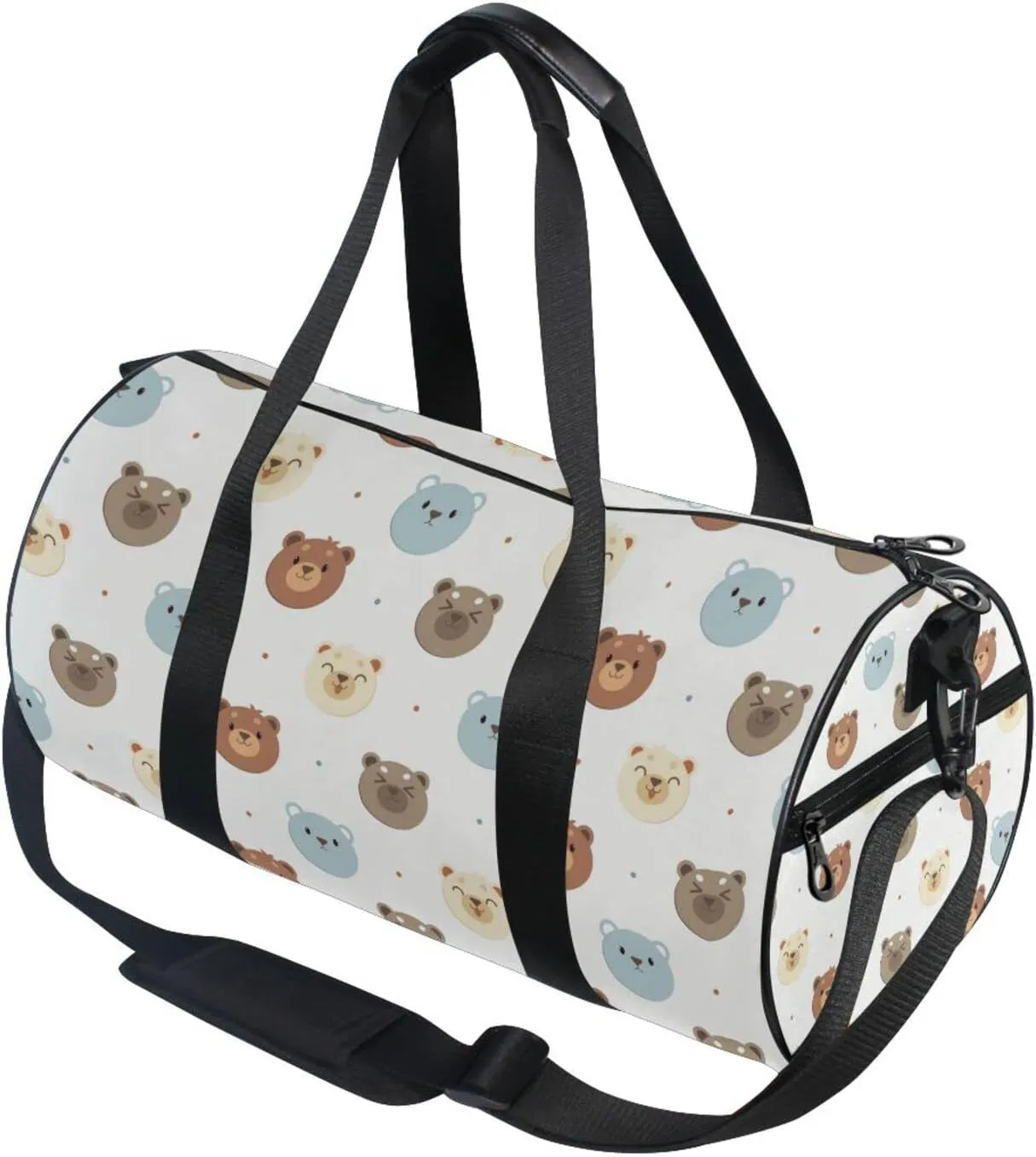 Seamless White, Blue and Brown Bear Heads with Polka Dots on White Duffel Bag, Foldable Canvas Travel Tote for Gym Sports with Inner Pockets, Durable Lightweight Fitness Bag for Overnight Workout
