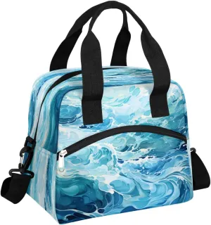 Seawater Waves Insulated Lunch Bag for Women, Reusable Lunch Box with Adjustable Shoulder Strap Leakproof Adults Lunch Tote Bags for Work Travel Picnic Camping