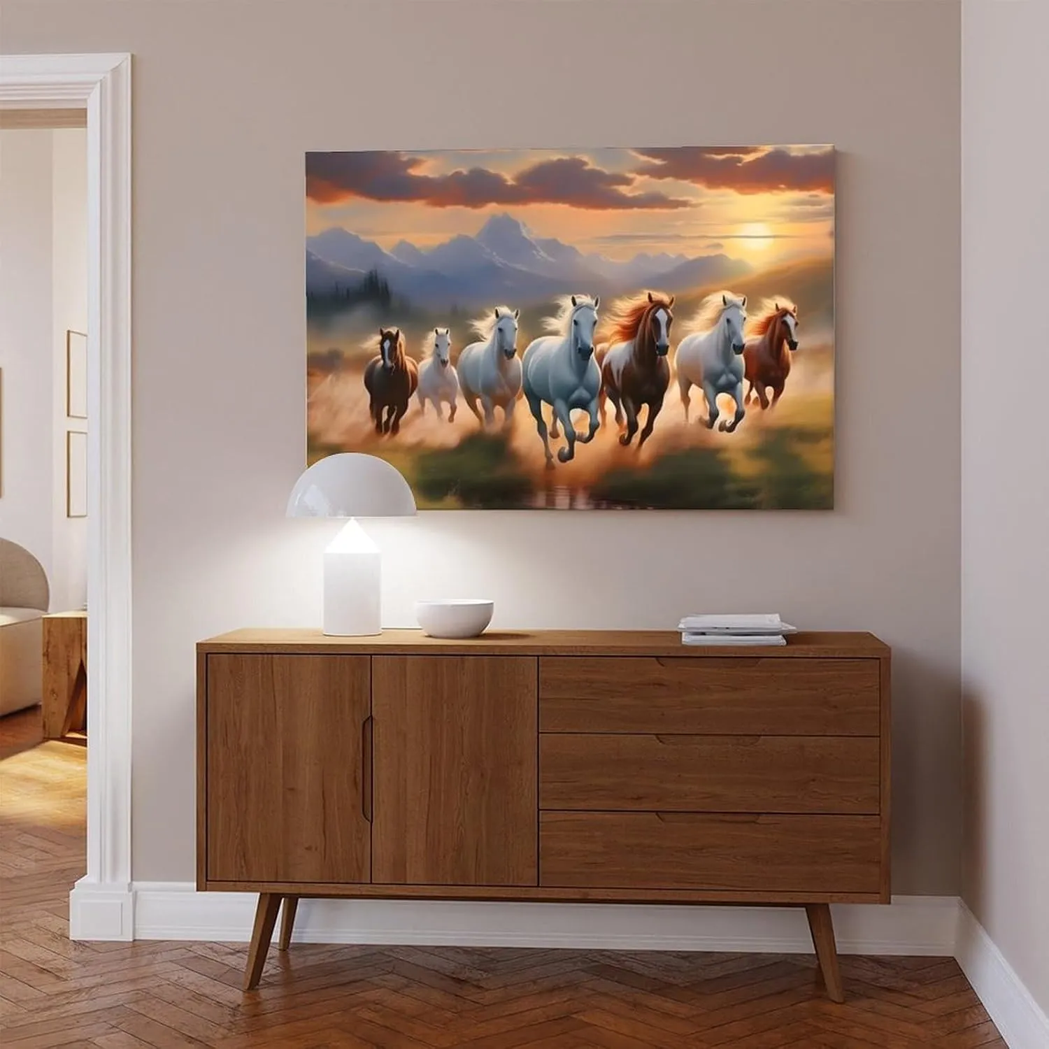 Seven Lucky Running Wild Horses Wall Art Animal Poster 1 Canvas Poster Wall Art Decor Print Picture Paintings for Living Room Bedroom Decoration Frame-style Frame-style12x18inch(30x45cm)