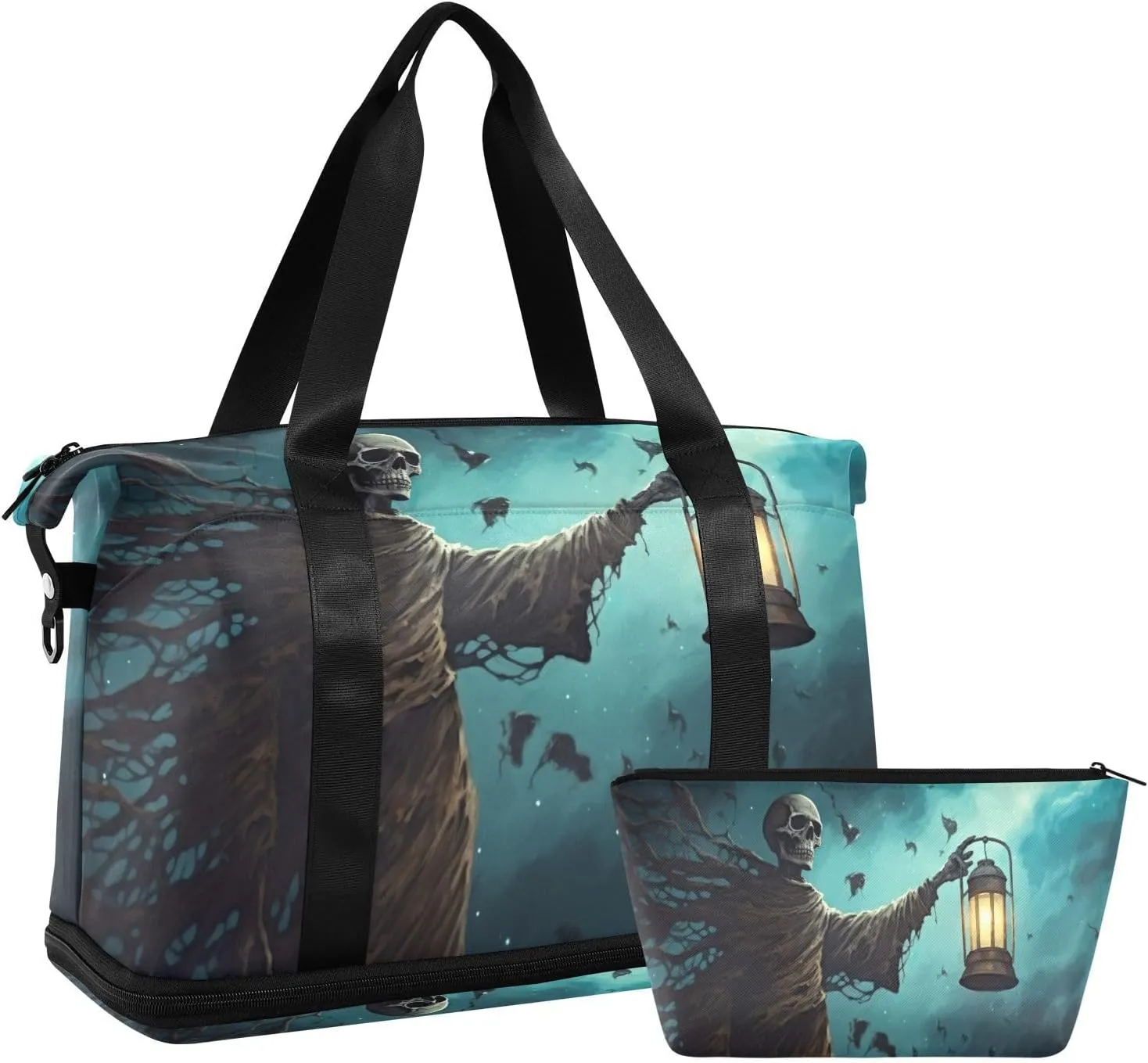 Skeleton Holding A Lantern Sports Gym Bag with Waterproof Dry Wet Pocket, Travel Duffel Bag for Women Men，Workout Bag Fits Yoga, Swimming