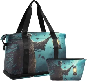 Skeleton Holding A Lantern Sports Gym Bag with Waterproof Dry Wet Pocket, Travel Duffel Bag for Women Men，Workout Bag Fits Yoga, Swimming