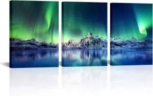 SkenoArt Northern Lights Canvas Wall Art - Aurora Borealis Wall Art Snowy Mountain Landscape Print Poster 3 Panel Modern Wall Decor for Living Room Bedroom Office Framed Ready to Hang