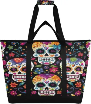 Skull Flowers Reusable Insulated Lunchbox Cooler Bag, Leakproof Kitchen Grocery Bag Collapsible Portable Cooler Tote Bag for Picnic, Camping, Office, Travel