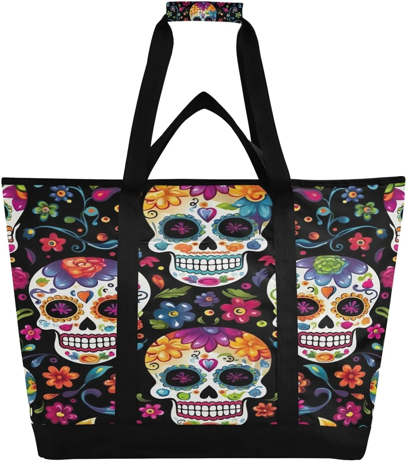Skull Flowers Reusable Insulated Lunchbox Cooler Bag, Leakproof Kitchen Grocery Bag Collapsible Portable Cooler Tote Bag for Picnic, Camping, Office, Travel