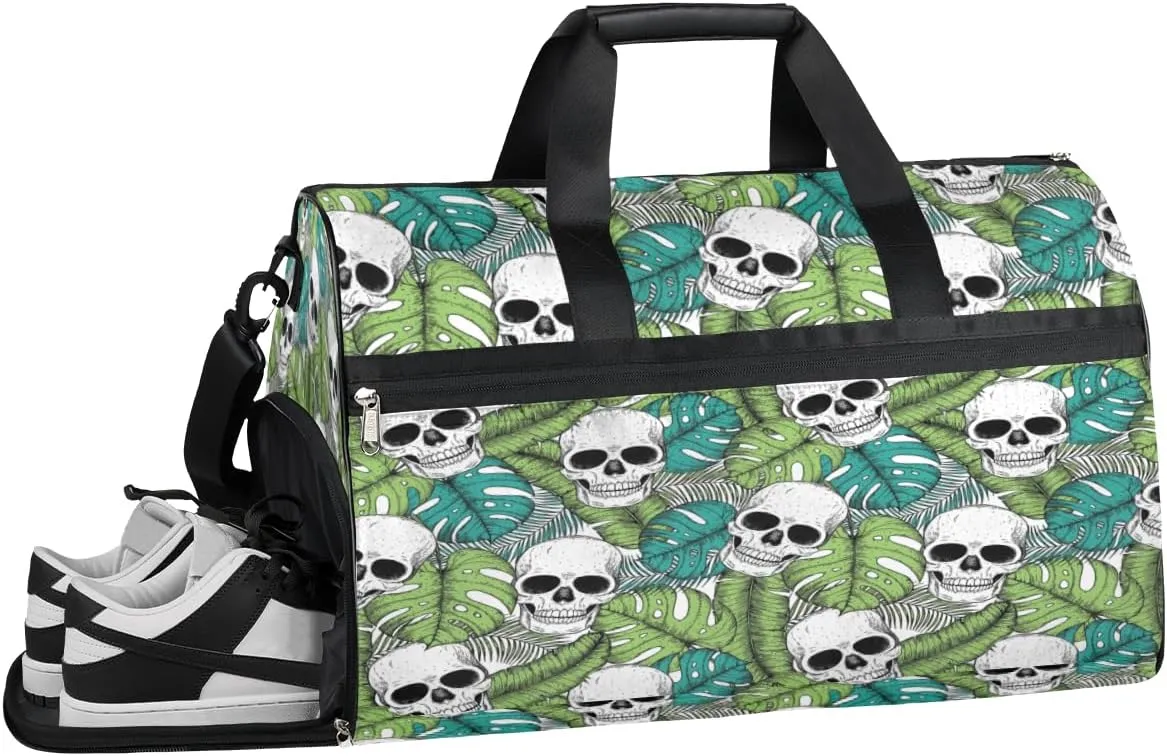 Skull Tropic Leaf Gym Duffle Bag for Women Men 35L Sports Bags Travel Duffel with Shoe Compartment Large Weekender Overnight