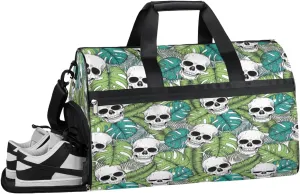 Skull Tropic Leaf Gym Duffle Bag for Women Men 35L Sports Bags Travel Duffel with Shoe Compartment Large Weekender Overnight