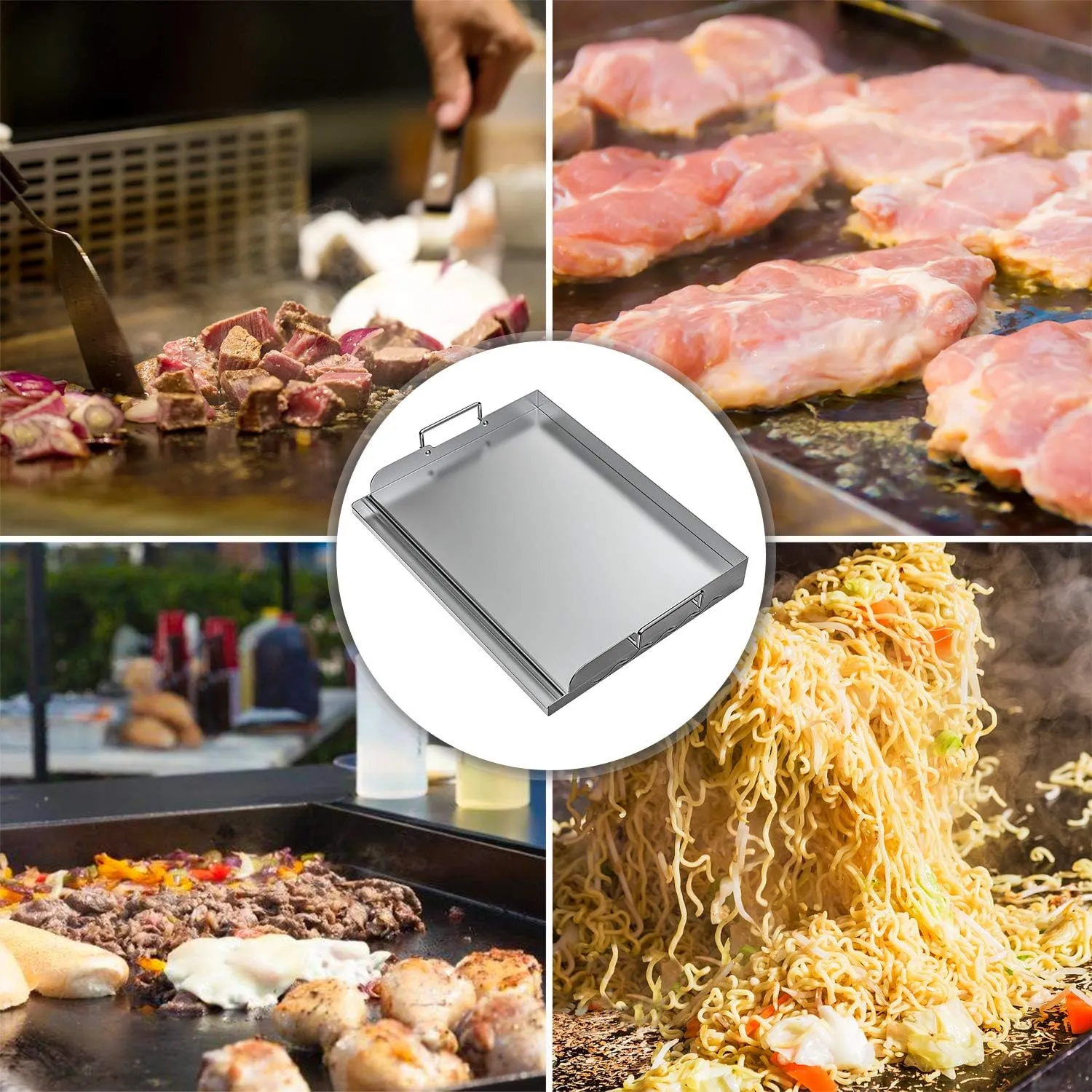 Skyflame Universal Stainless Steel Griddle Flat Top Plate with Even Heating Bracing for BBQ Charcoal/Gas Grills, Camping, Tailgating, and Parties 17" x 13"