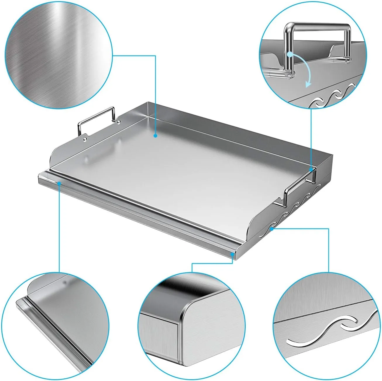 Skyflame Universal Stainless Steel Griddle Flat Top Plate with Even Heating Bracing for BBQ Charcoal/Gas Grills, Camping, Tailgating, and Parties 17" x 13"