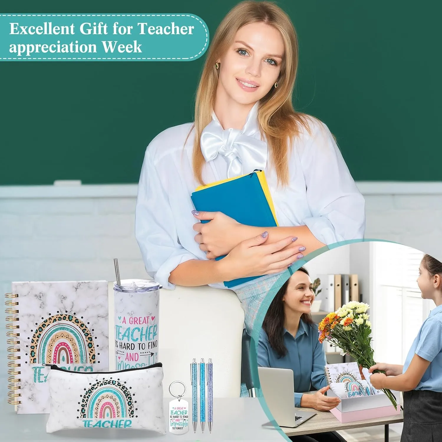 Skylety 7 Pcs Teacher Appreciation Gifts 2025 Set Water Tumbler with Lids,Teacher Makeup Bag,Rainbow Spiral Notebook,Keychain and Ballpoint Pens for Graduation Retirement Birthday Gifts(Green)