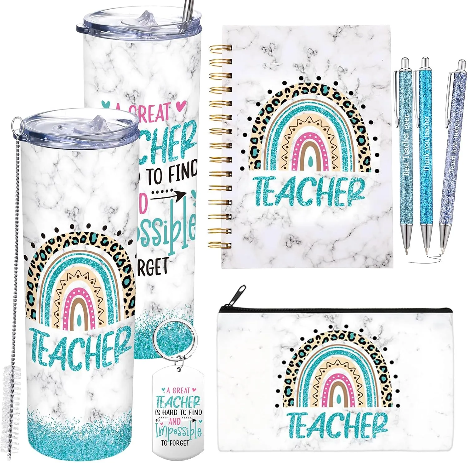 Skylety 7 Pcs Teacher Appreciation Gifts 2025 Set Water Tumbler with Lids,Teacher Makeup Bag,Rainbow Spiral Notebook,Keychain and Ballpoint Pens for Graduation Retirement Birthday Gifts(Green)