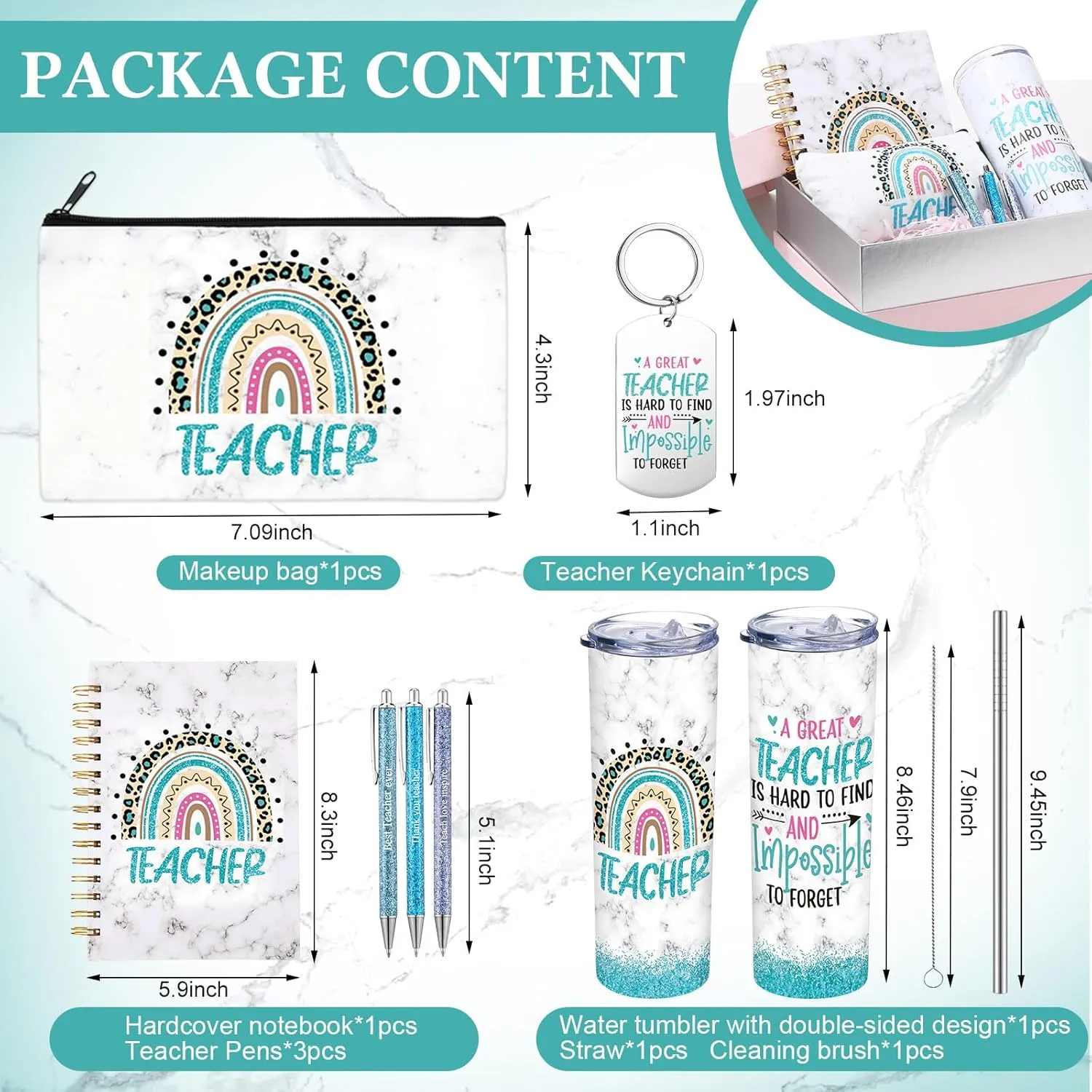 Skylety 7 Pcs Teacher Appreciation Gifts 2025 Set Water Tumbler with Lids,Teacher Makeup Bag,Rainbow Spiral Notebook,Keychain and Ballpoint Pens for Graduation Retirement Birthday Gifts(Green)