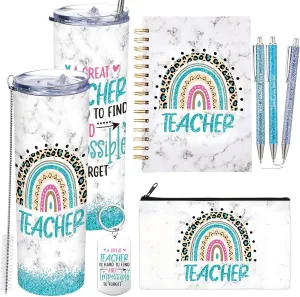 Skylety 7 Pcs Teacher Appreciation Gifts 2025 Set Water Tumbler with Lids,Teacher Makeup Bag,Rainbow Spiral Notebook,Keychain and Ballpoint Pens for Graduation Retirement Birthday Gifts(Green)