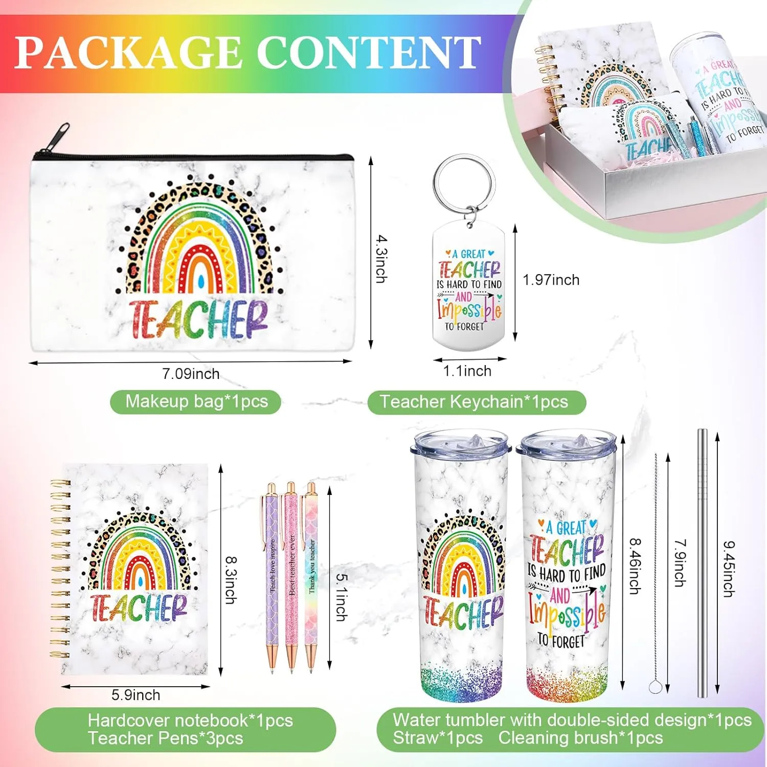 Skylety 7 Pcs Teacher Appreciation Gifts 2025 Set Water Tumbler with Lids,Teacher Makeup Bag,Rainbow Spiral Notebook,Keychain and Ballpoint Pens for Graduation Retirement Birthday Gifts(Iridescent)