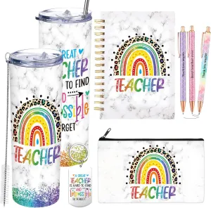Skylety 7 Pcs Teacher Appreciation Gifts 2025 Set Water Tumbler with Lids,Teacher Makeup Bag,Rainbow Spiral Notebook,Keychain and Ballpoint Pens for Graduation Retirement Birthday Gifts(Iridescent)