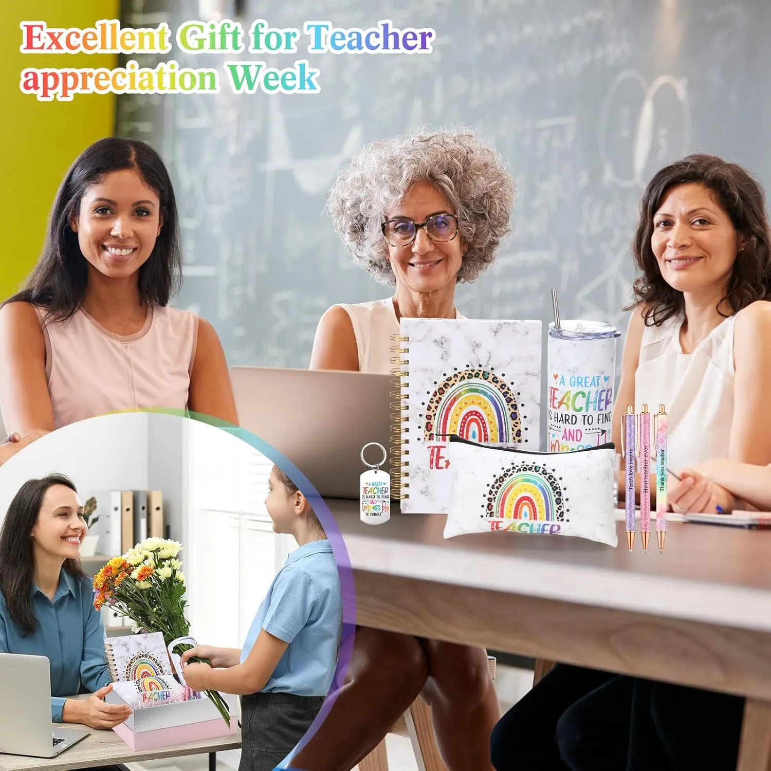 Skylety 7 Pcs Teacher Appreciation Gifts 2025 Set Water Tumbler with Lids,Teacher Makeup Bag,Rainbow Spiral Notebook,Keychain and Ballpoint Pens for Graduation Retirement Birthday Gifts(Iridescent)