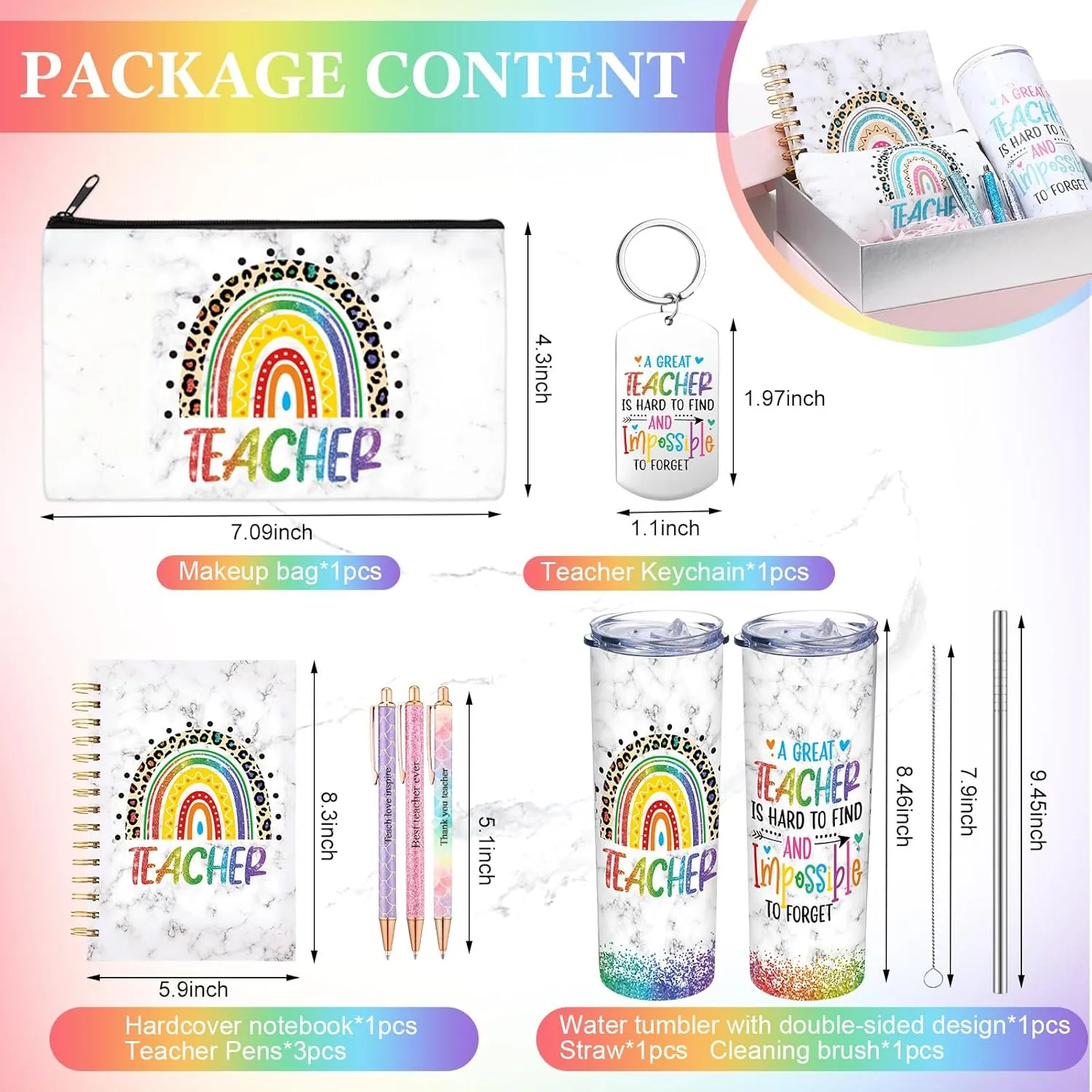 Skylety 7 Pcs Teacher Appreciation Gifts 2025 Set Water Tumbler with Lids,Teacher Makeup Bag,Rainbow Spiral Notebook,Keychain and Ballpoint Pens for Graduation Retirement Birthday Gifts(Iridescent)