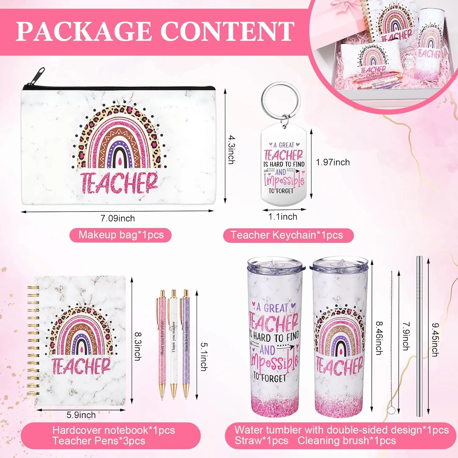 Skylety 7 Pcs Teacher Appreciation Gifts 2025 Set Water Tumbler with Lids,Teacher Makeup Bag,Rainbow Spiral Notebook,Keychain and Ballpoint Pens for Graduation Retirement Birthday Gifts(Pink)
