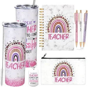 Skylety 7 Pcs Teacher Appreciation Gifts 2025 Set Water Tumbler with Lids,Teacher Makeup Bag,Rainbow Spiral Notebook,Keychain and Ballpoint Pens for Graduation Retirement Birthday Gifts(Pink)