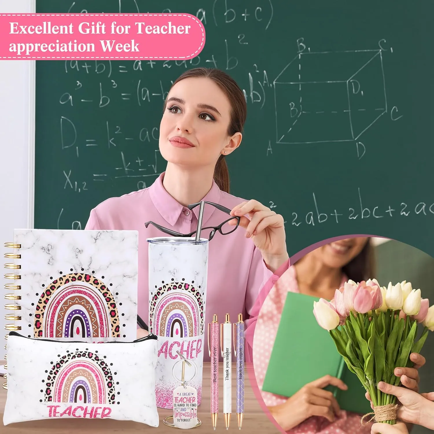 Skylety 7 Pcs Teacher Appreciation Gifts 2025 Set Water Tumbler with Lids,Teacher Makeup Bag,Rainbow Spiral Notebook,Keychain and Ballpoint Pens for Graduation Retirement Birthday Gifts(Pink)
