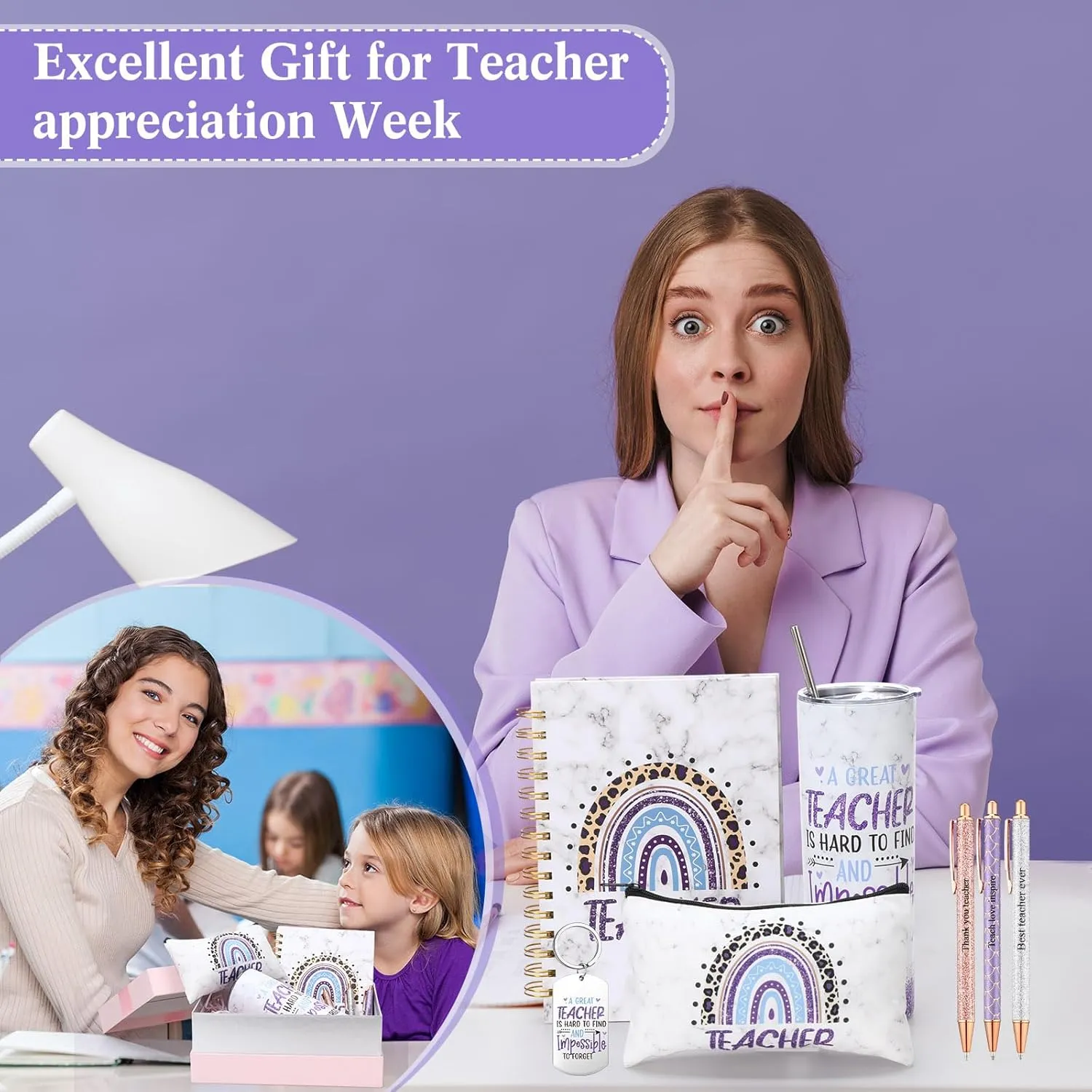 Skylety 7 Pcs Teacher Appreciation Gifts 2025 Set Water Tumbler with Lids,Teacher Makeup Bag,Rainbow Spiral Notebook,Keychain and Ballpoint Pens for Graduation Retirement Birthday Gifts(Purple)