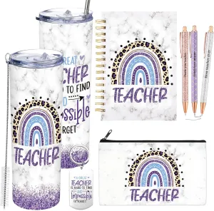 Skylety 7 Pcs Teacher Appreciation Gifts 2025 Set Water Tumbler with Lids,Teacher Makeup Bag,Rainbow Spiral Notebook,Keychain and Ballpoint Pens for Graduation Retirement Birthday Gifts(Purple)