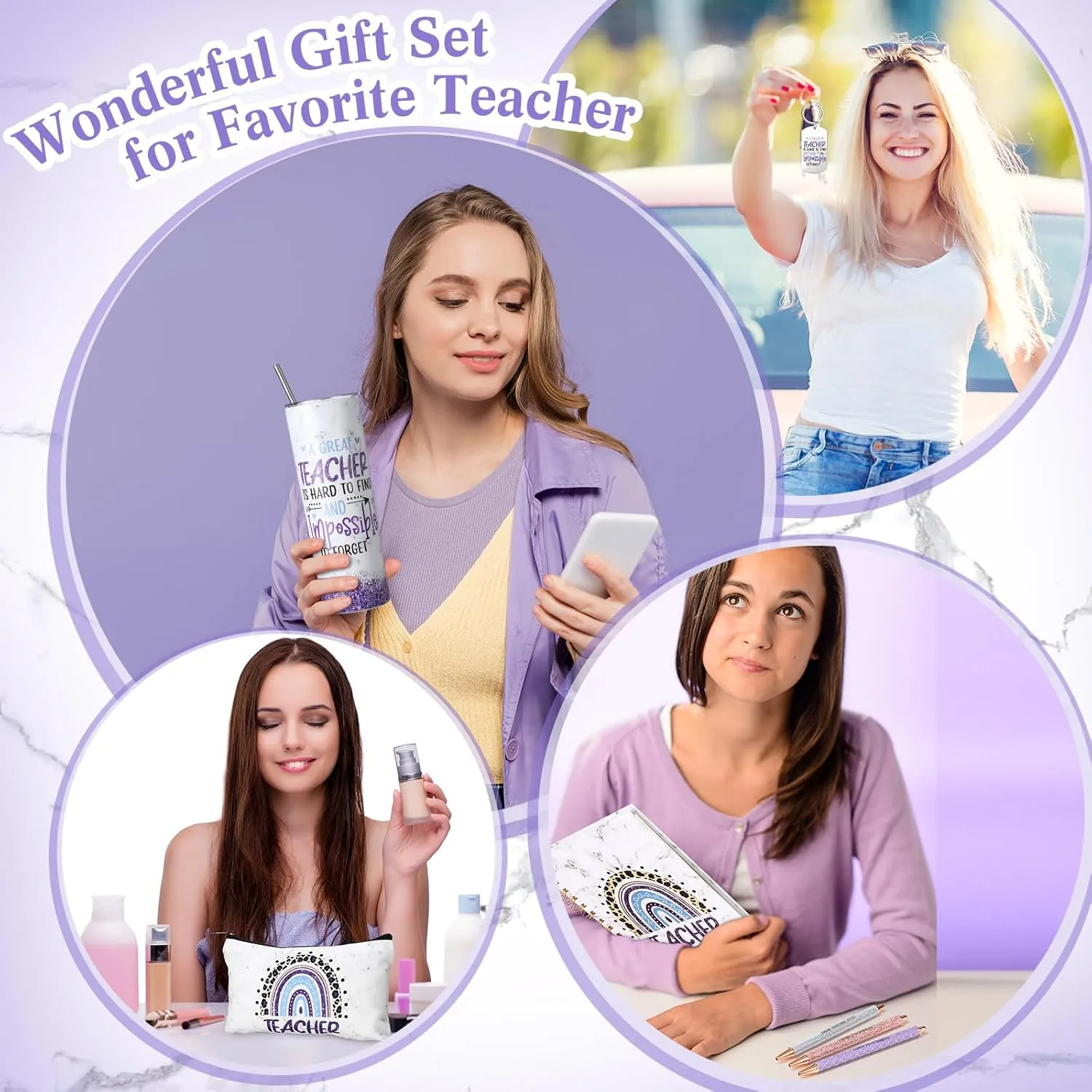 Skylety 7 Pcs Teacher Appreciation Gifts 2025 Set Water Tumbler with Lids,Teacher Makeup Bag,Rainbow Spiral Notebook,Keychain and Ballpoint Pens for Graduation Retirement Birthday Gifts(Purple)