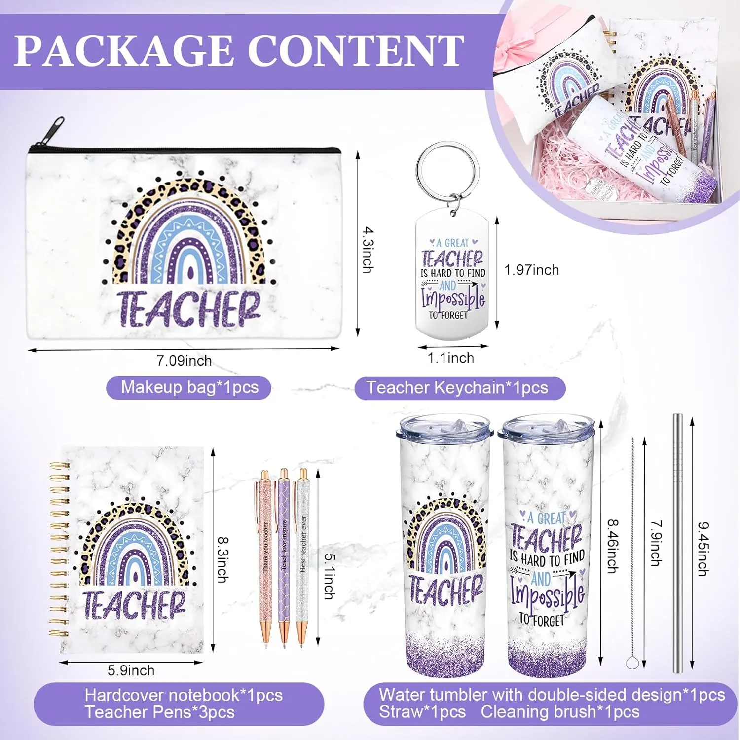 Skylety 7 Pcs Teacher Appreciation Gifts 2025 Set Water Tumbler with Lids,Teacher Makeup Bag,Rainbow Spiral Notebook,Keychain and Ballpoint Pens for Graduation Retirement Birthday Gifts(Purple)