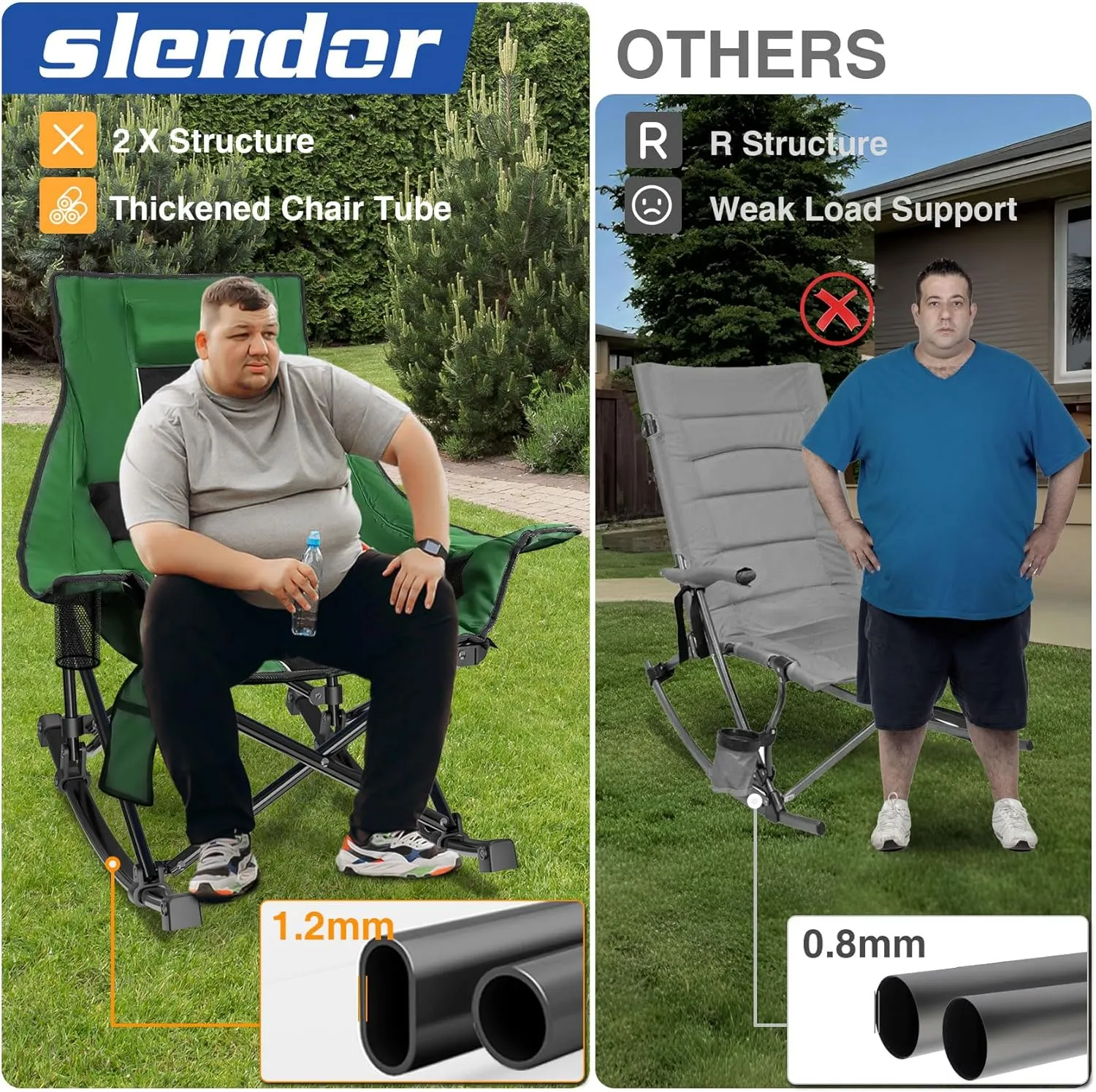 Slendor Oversized Rocking Camping Chair, Heated Camping Chair with 3 Heat Levels, Portable Outdoor Rocker Chair, High Back, Pillow, Carry Bag, Padded, Supports 330 lbs, Green