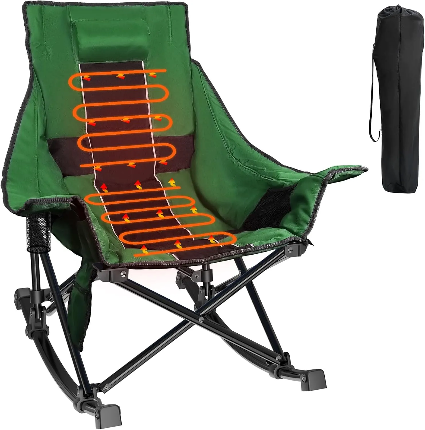 Slendor Oversized Rocking Camping Chair, Heated Camping Chair with 3 Heat Levels, Portable Outdoor Rocker Chair, High Back, Pillow, Carry Bag, Padded, Supports 330 lbs, Green