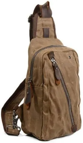 Sling Bag Chest Shoulder Backpack Fanny Pack Waterproof Canvas Waxed Crossbody Bags for Men (Khaki, One_Size)