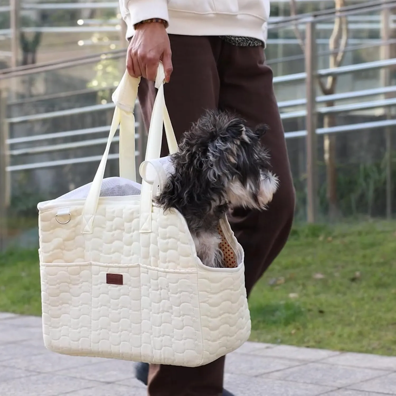 Small Dog Bag Puppy Purse Carrier for Small Dogs Adult Cat Carriers Large Cat,with Multiple Pockets,Breathable Mesh,Traveling Pets Tote Picnic Outdoor 15lb (Beige2, Large)