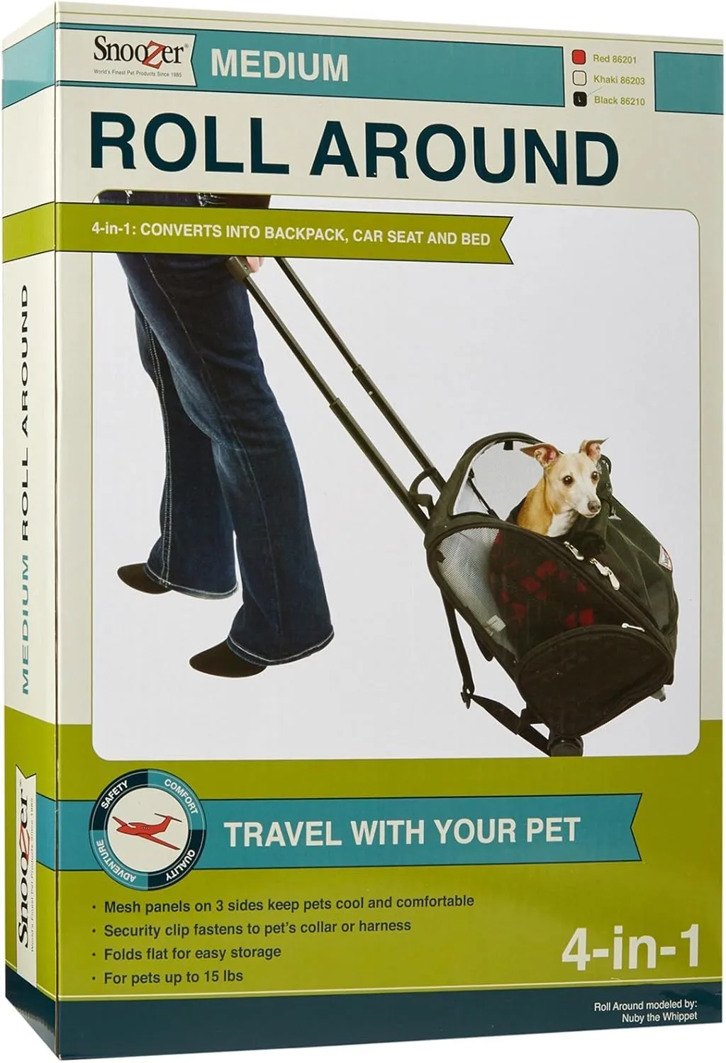 Snoozer Roll Around Travel Dog Carrier Backpack 4-in-1- Rolling Backpack Pet Carrier with Wheels for Cats & Dogs, Pet Stroller, Travel Bag for Pets Up to 15 Lbs - Black, Medium