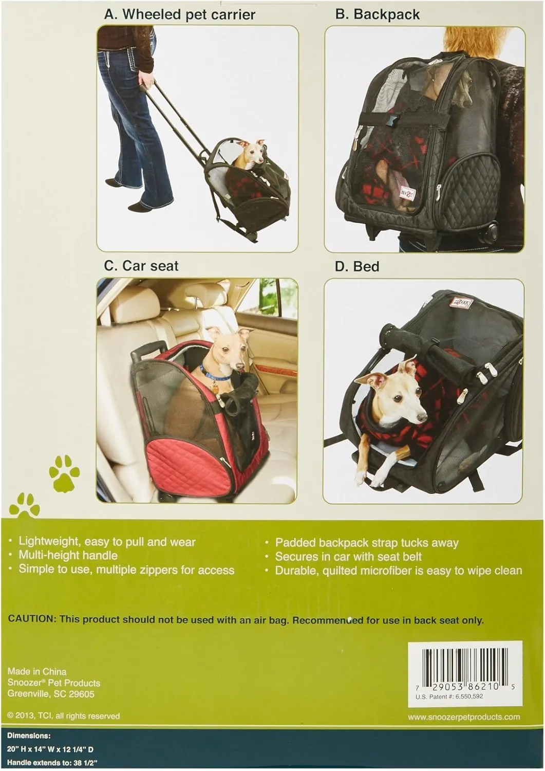 Snoozer Roll Around Travel Dog Carrier Backpack 4-in-1- Rolling Backpack Pet Carrier with Wheels for Cats & Dogs, Pet Stroller, Travel Bag for Pets Up to 15 Lbs - Black, Medium