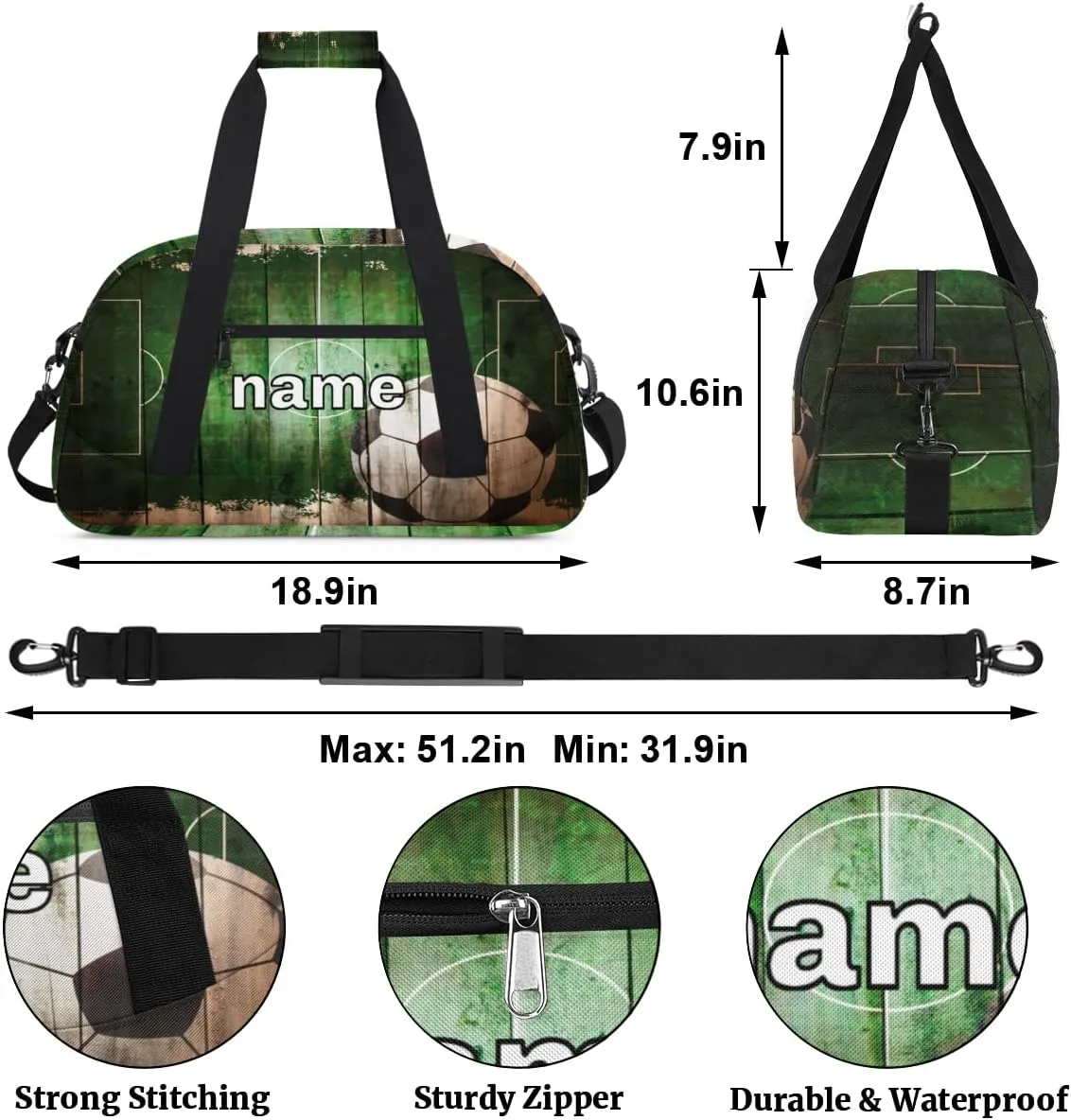 Soccer Custom Name Kids Gym Duffel Bag for Little Boys, Football Stadium Personalized Sport Duffle Practice Bag Teen Travel Weekender Overnight Carry On Bag, Customized Kids Gifts