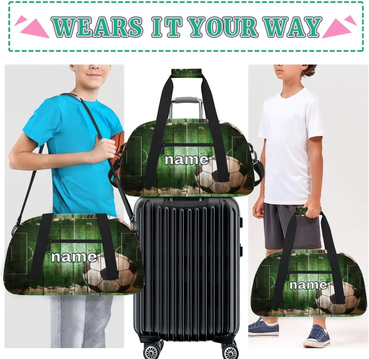 Soccer Custom Name Kids Gym Duffel Bag for Little Boys, Football Stadium Personalized Sport Duffle Practice Bag Teen Travel Weekender Overnight Carry On Bag, Customized Kids Gifts