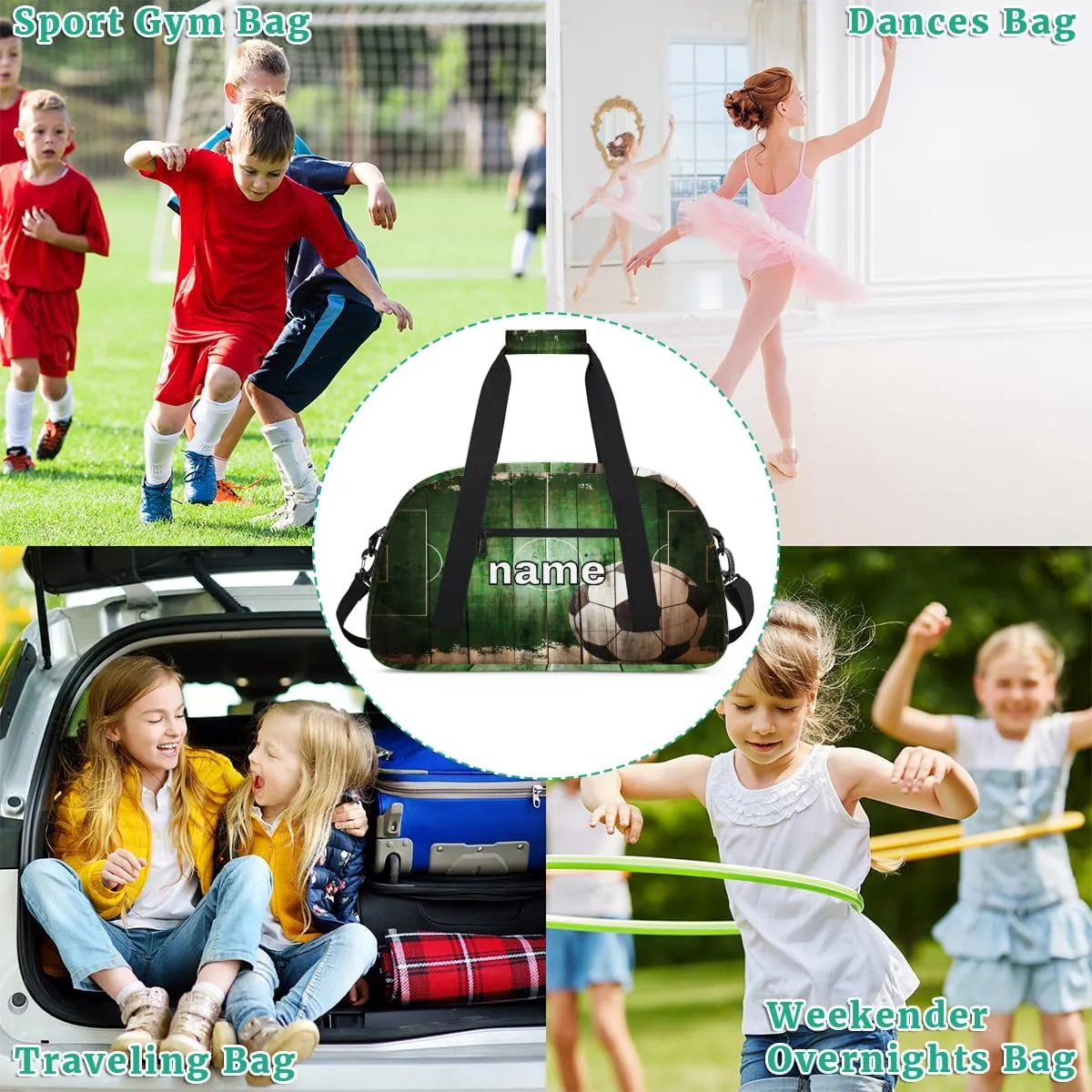 Soccer Custom Name Kids Gym Duffel Bag for Little Boys, Football Stadium Personalized Sport Duffle Practice Bag Teen Travel Weekender Overnight Carry On Bag, Customized Kids Gifts
