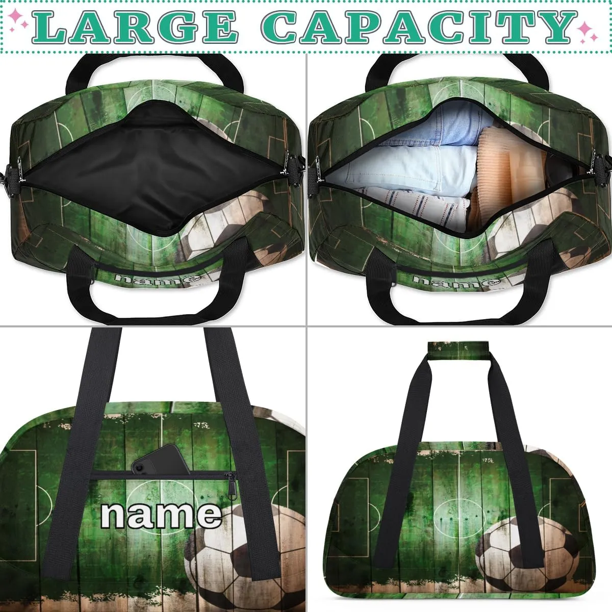 Soccer Custom Name Kids Gym Duffel Bag for Little Boys, Football Stadium Personalized Sport Duffle Practice Bag Teen Travel Weekender Overnight Carry On Bag, Customized Kids Gifts