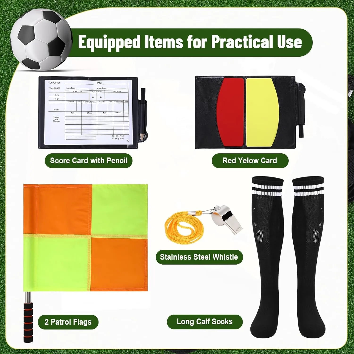 Soccer Referee Kit, 6 Pcs Soccer Referee Shirt Jersey Umpire Uniform Football Referee Costume for Adult Teenager