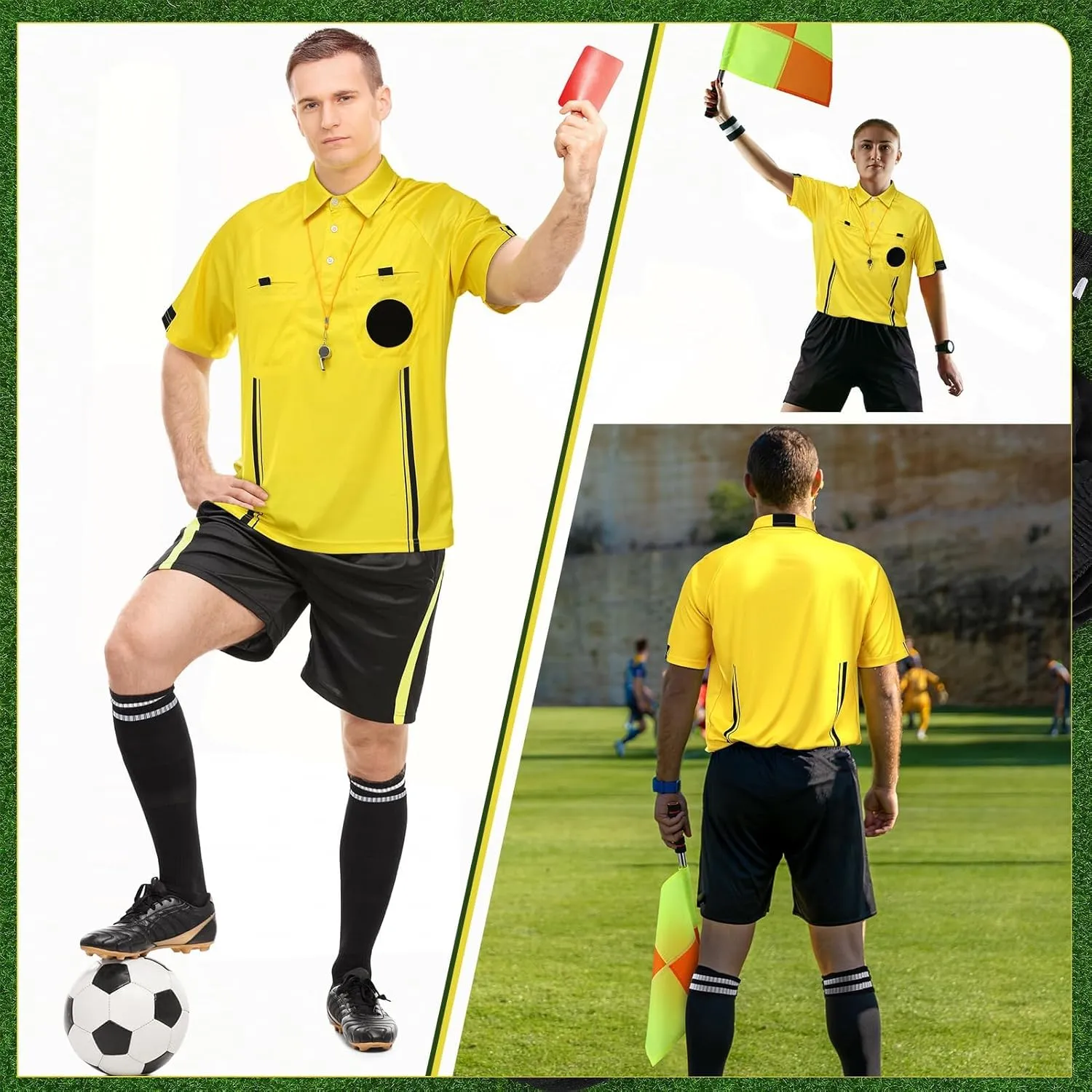 Soccer Referee Kit, 6 Pcs Soccer Referee Shirt Jersey Umpire Uniform Football Referee Costume for Adult Teenager