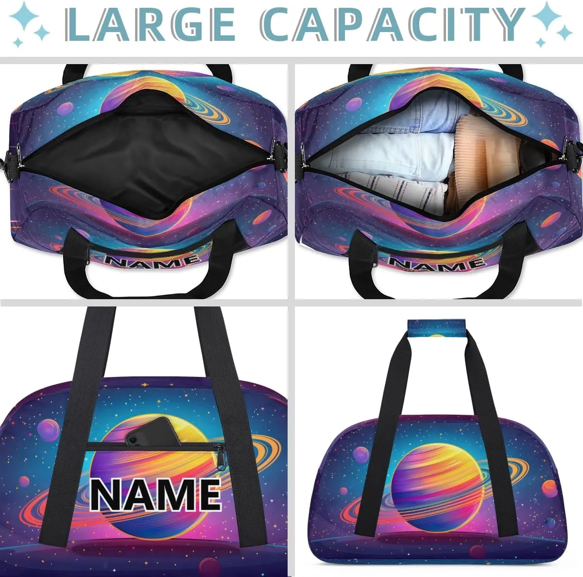 Space Planet Solar System Custom Small Gym Bag 18 inch for Women Men Personalized Universe Planet Carry On Overnight Weekender Bag for Travel Work Dance Sport