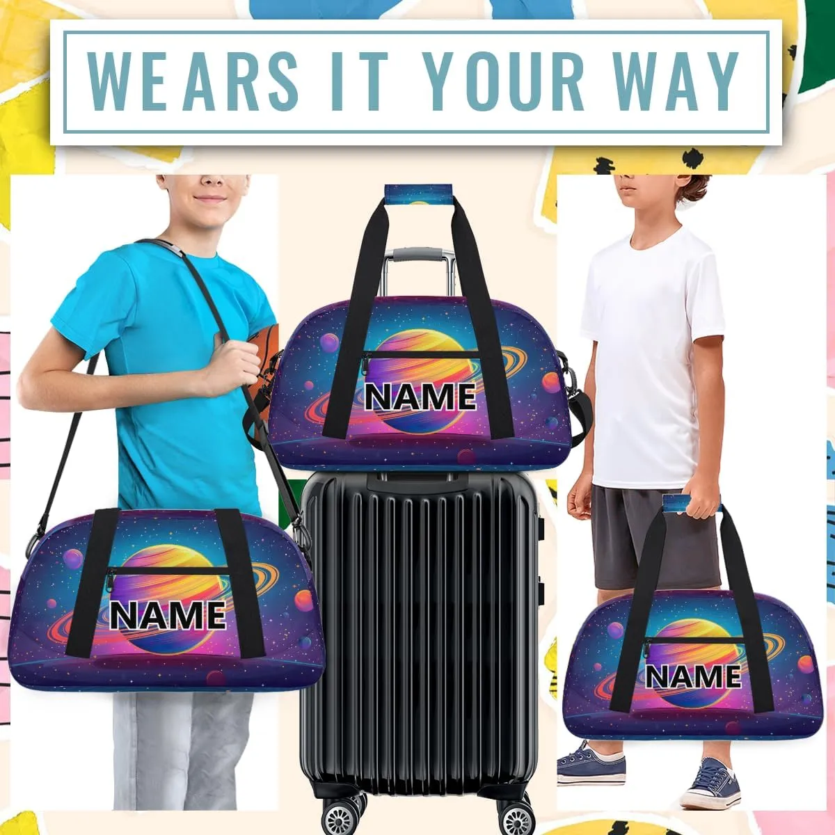 Space Planet Solar System Custom Small Gym Bag 18 inch for Women Men Personalized Universe Planet Carry On Overnight Weekender Bag for Travel Work Dance Sport