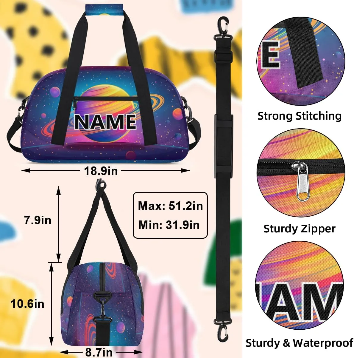 Space Planet Solar System Custom Small Gym Bag 18 inch for Women Men Personalized Universe Planet Carry On Overnight Weekender Bag for Travel Work Dance Sport